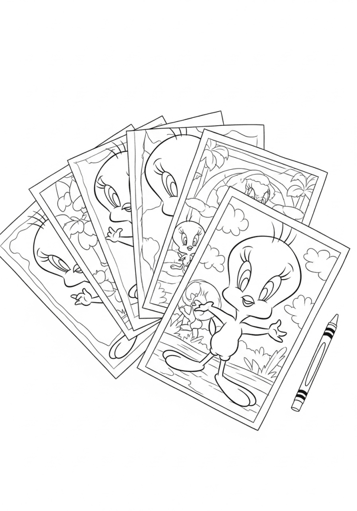 Assortment of Tweety Bird coloring page previews fanned out with a crayon