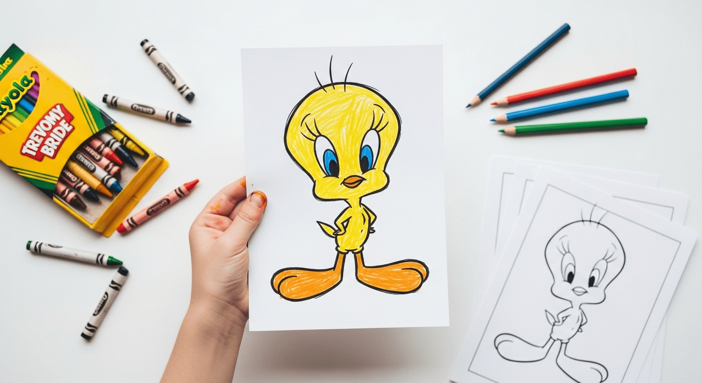 A child's hand holding up a colored Tweety Bird drawing surrounded by crayons and blank coloring pages.