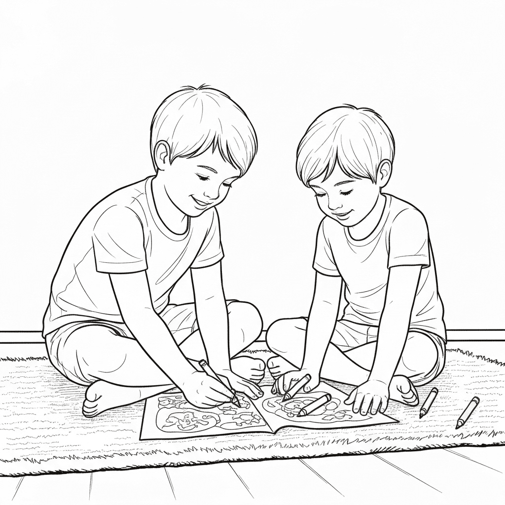 Two children sitting on a rug, smiling and focused as they color together on a large page.