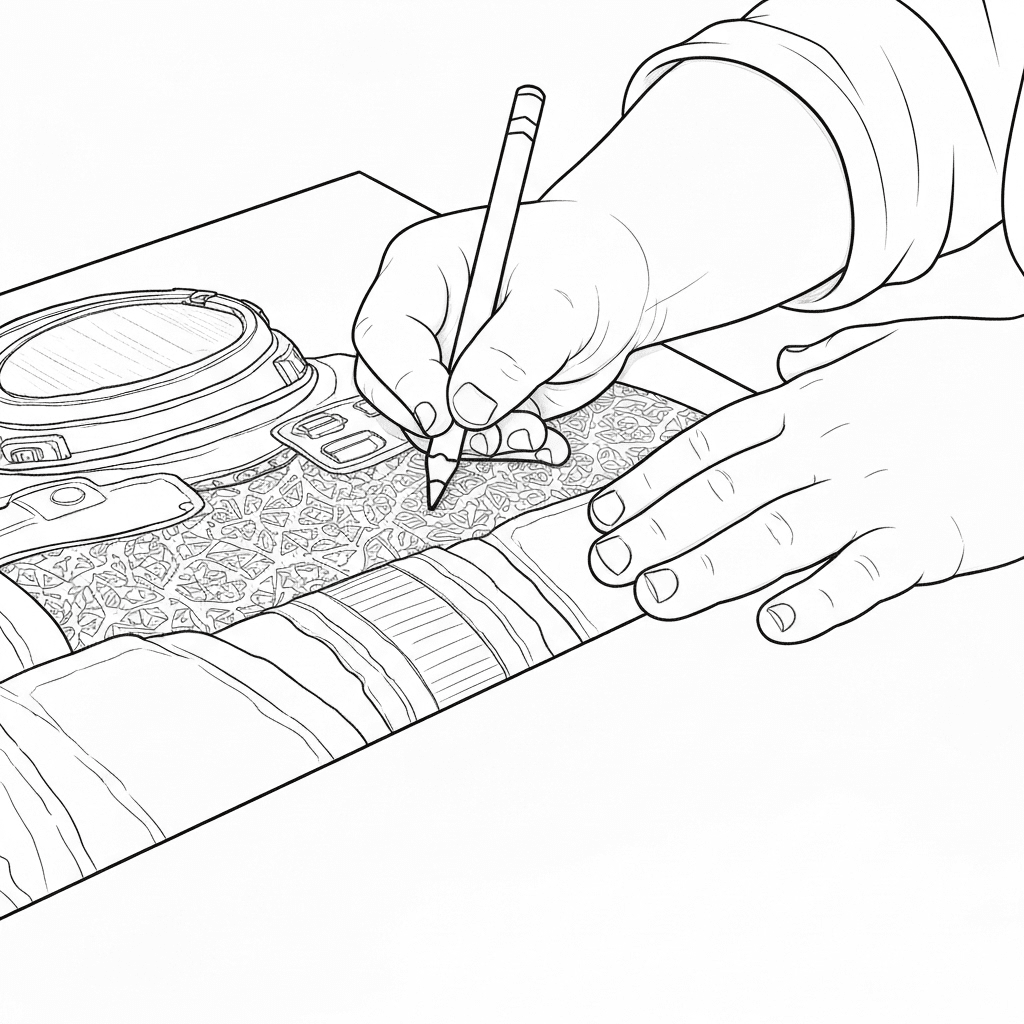 A close-up line drawing of a child's hands carefully coloring within the lines of a detailed famous person portrait.