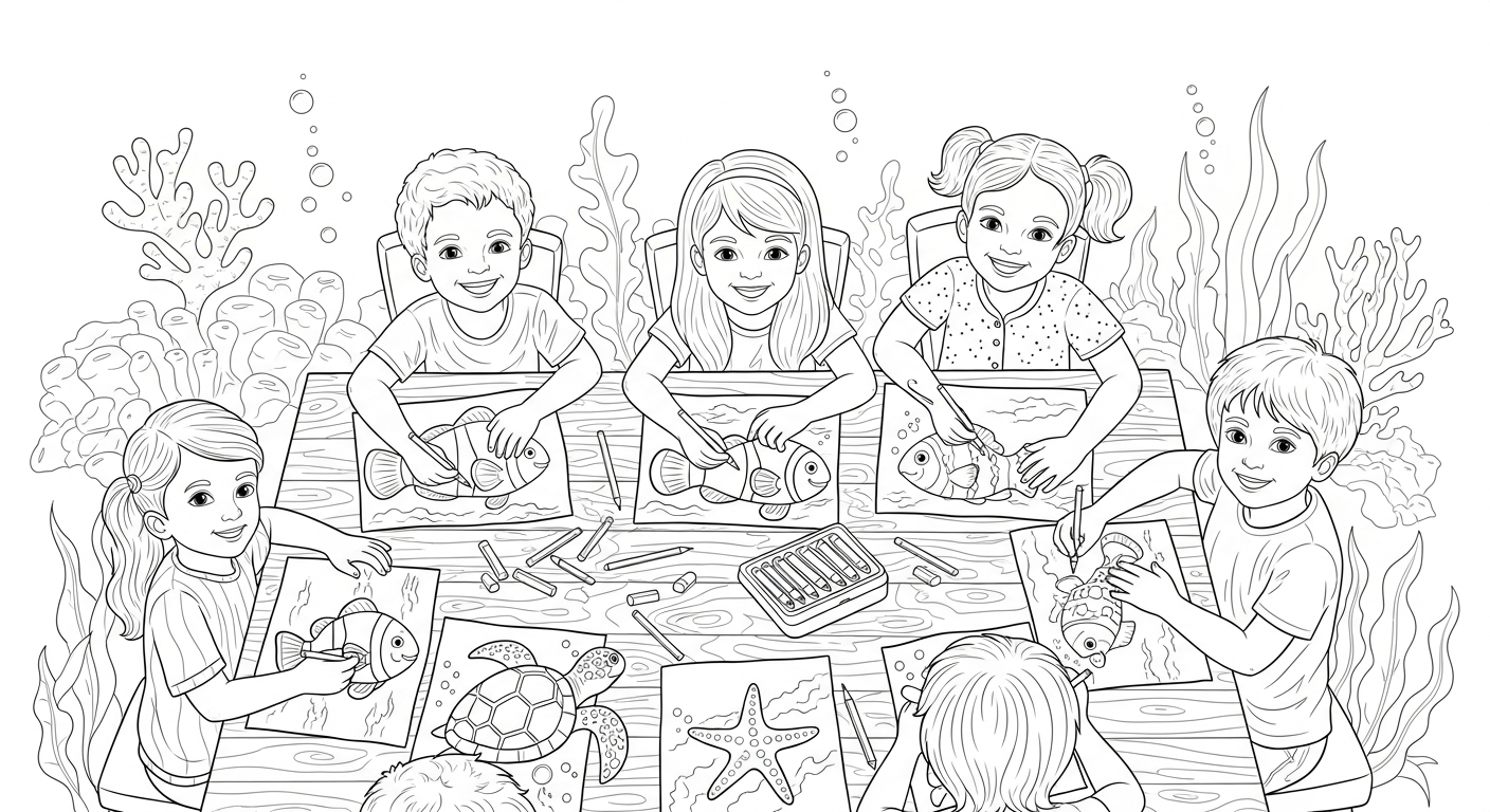 Black and white sketch of children coloring ocean fish drawings at a table.