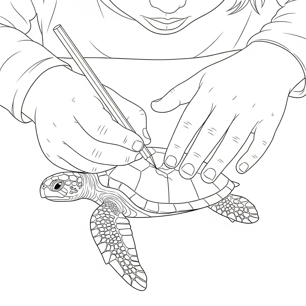 Close-up contour drawing of a child's hands carefully coloring a sea turtle.