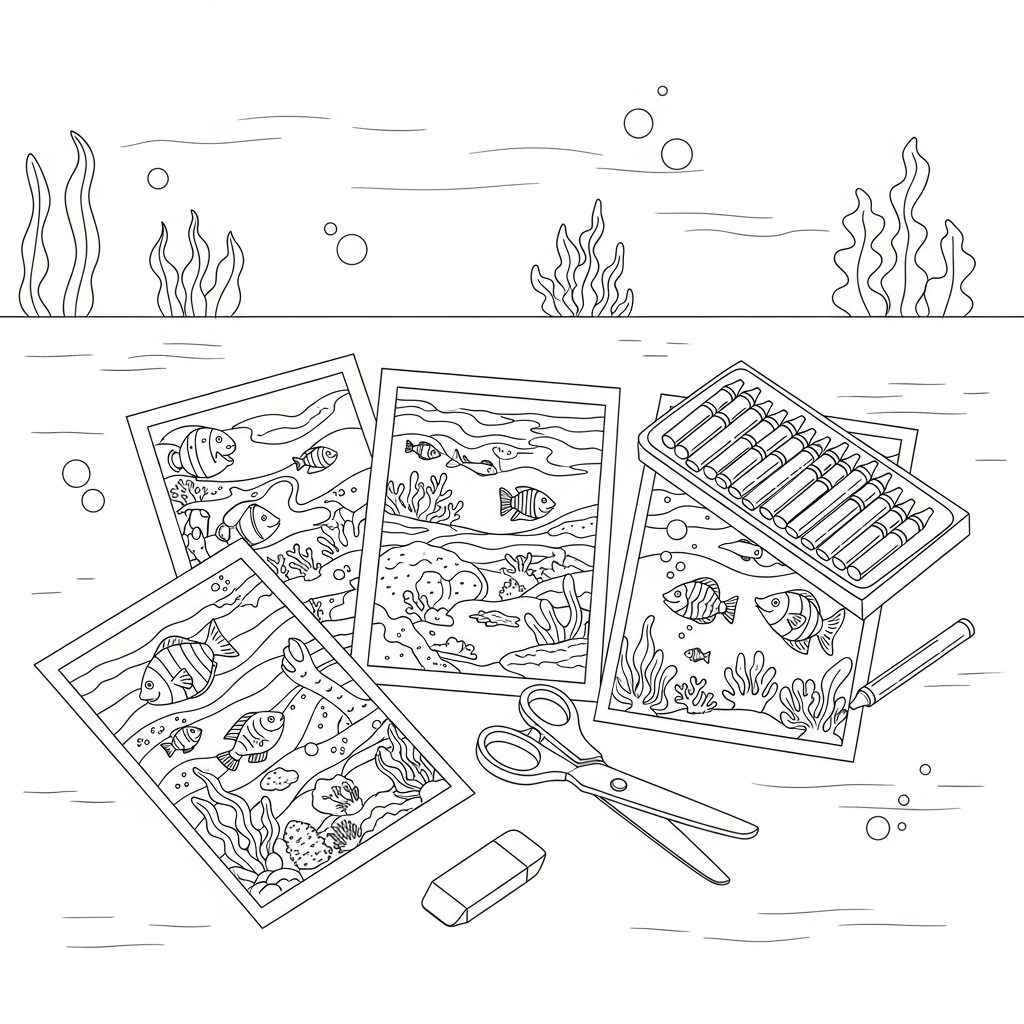 Minimalist isometric sketch of a table with coloring pages, crayons, and scissors.