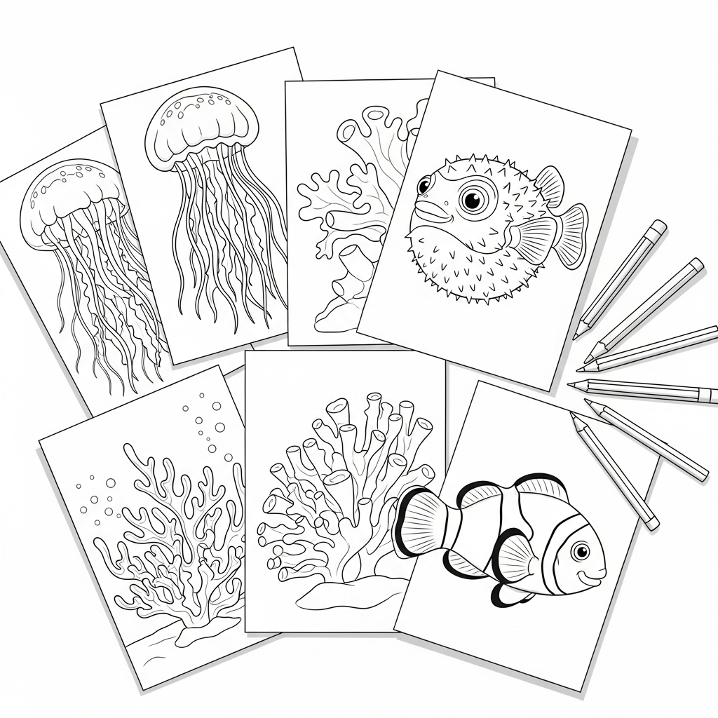 Top-down sketch of multiple ocean animal coloring pages and crayons.