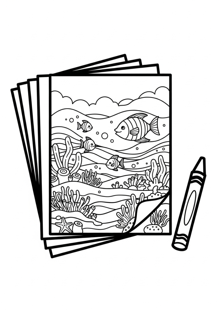 Bold line-art of a stacked coloring pages and a crayon.