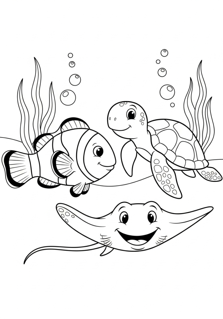 Simple black and white drawing of smiling ocean animals.