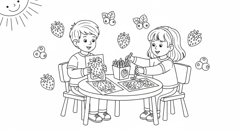 Black-and-white sketch of children coloring berry pages at a table with crayons