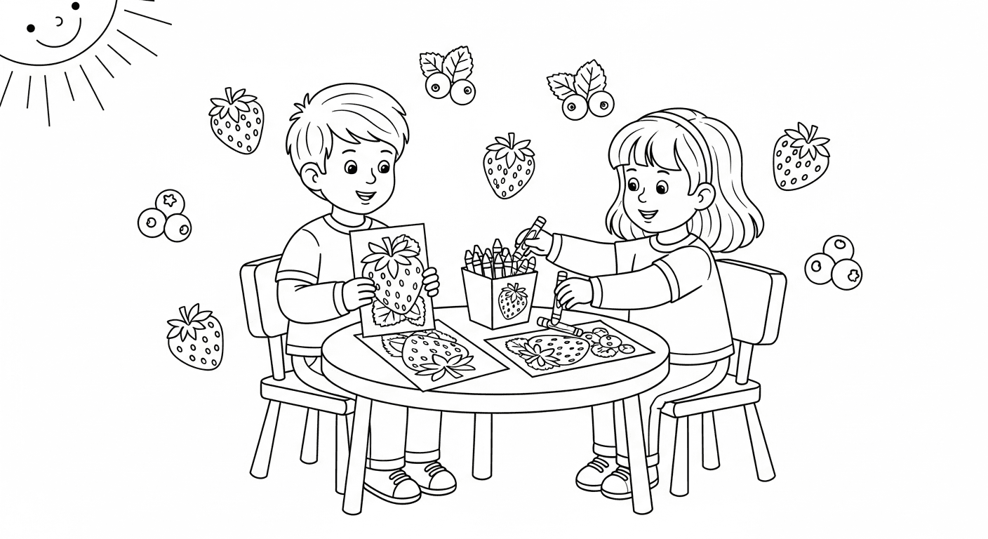 Black-and-white sketch of children coloring berry pages at a table with crayons