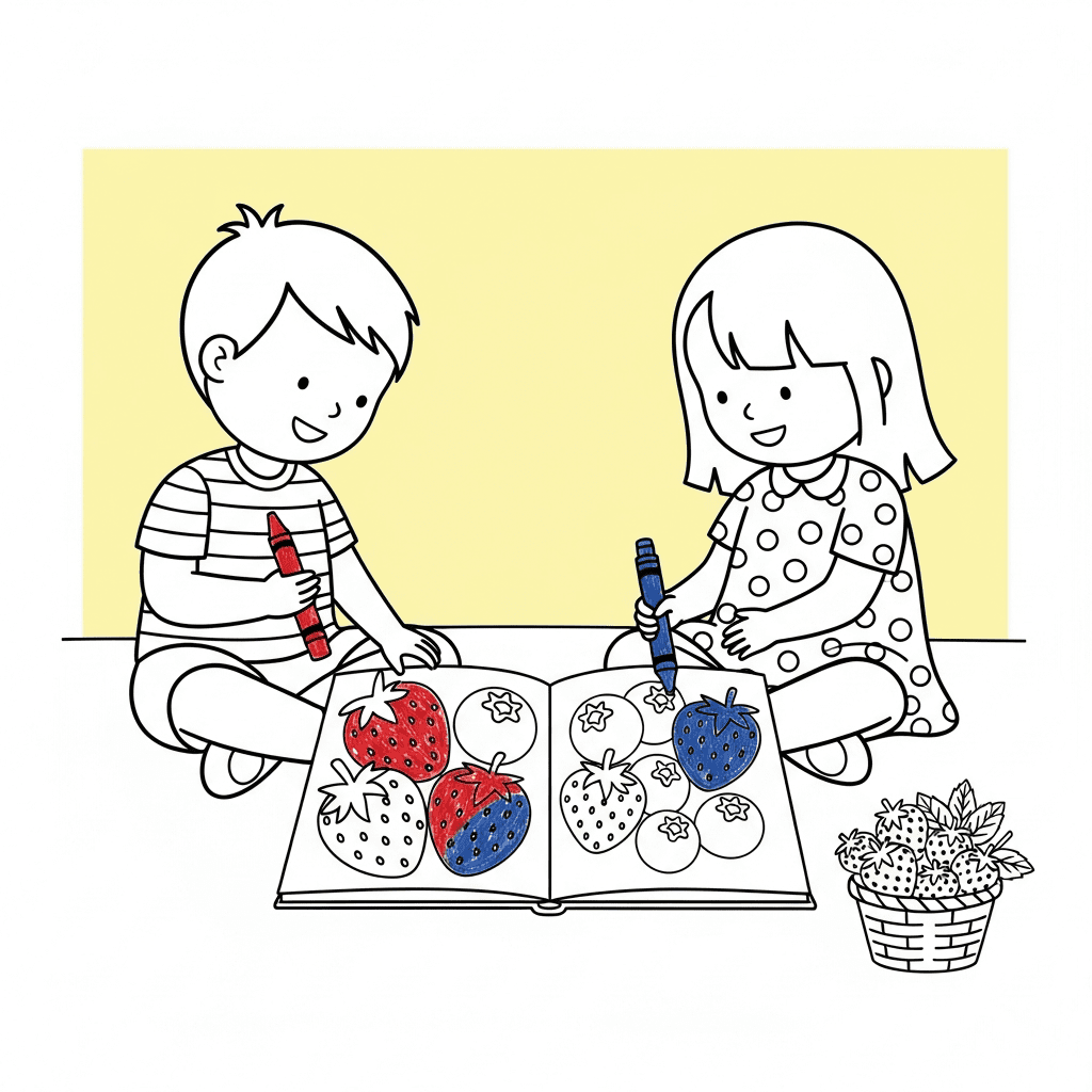 Simple line art of two kids coloring berry pages together on the floor