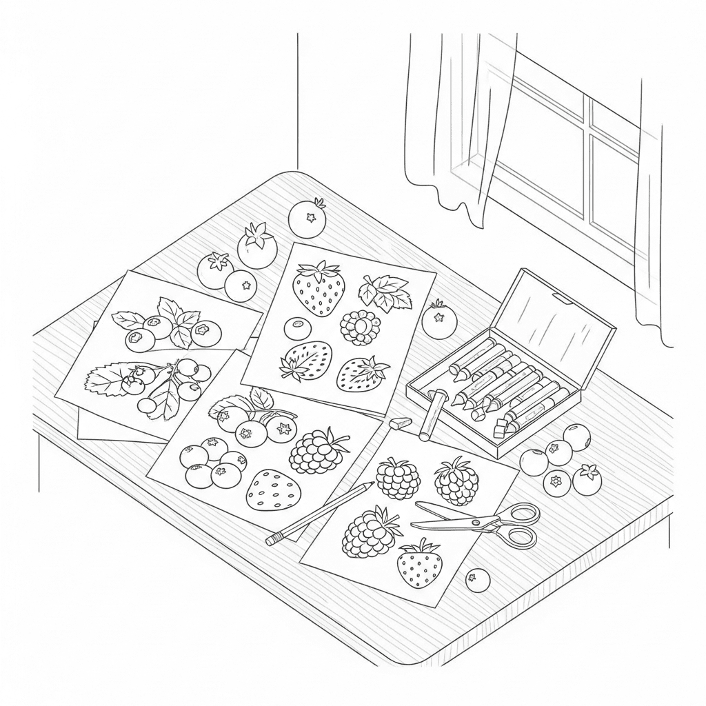 Top-down sketch of coloring supplies and berry pages on a table