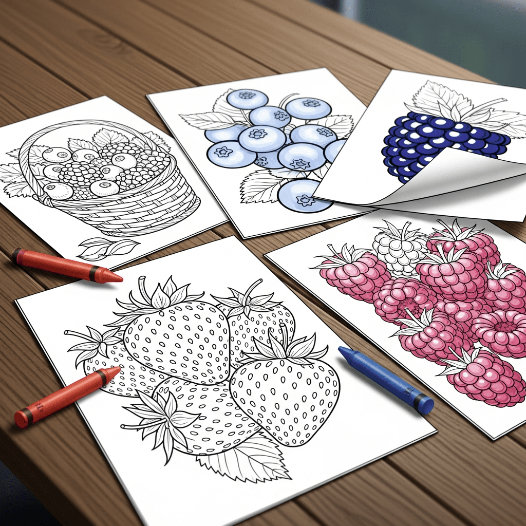 Angled view of various berry coloring pages and crayons on table