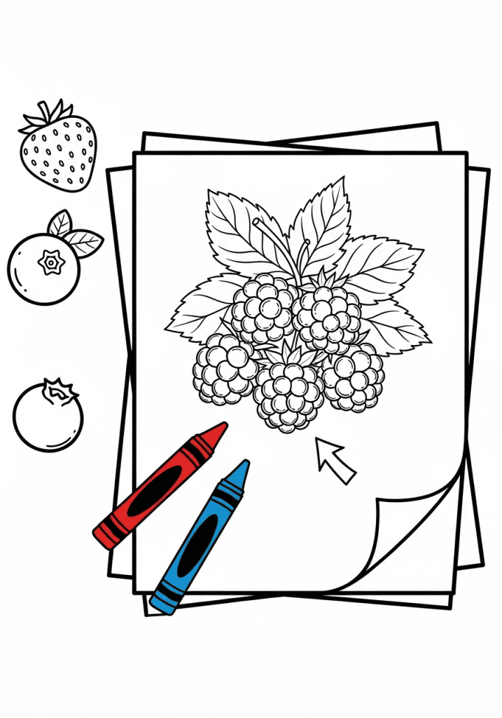 Stack of berry coloring pages with crayons ready to download