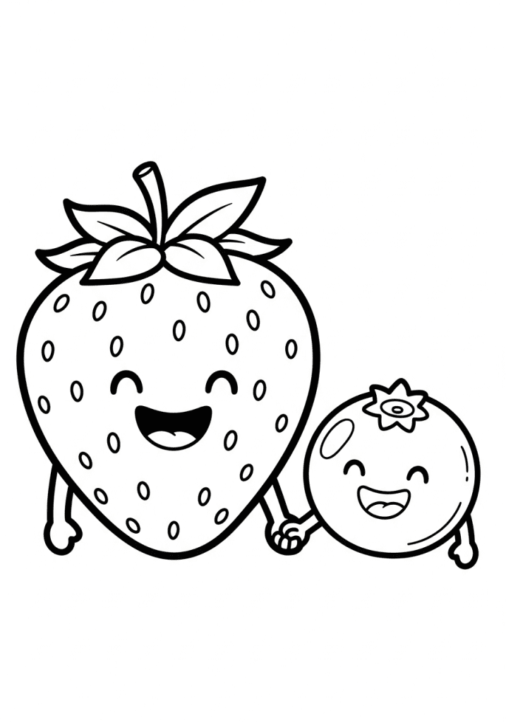 A friendly, smiling strawberry and blueberry holding hands in a simple black and white line drawing, waiting to be colored.