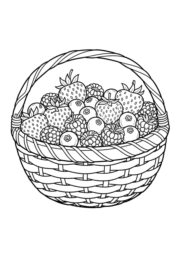 A simple sketch of a basket filled to the brim with strawberries, blueberries, and raspberries, designed as an easy coloring page for children.