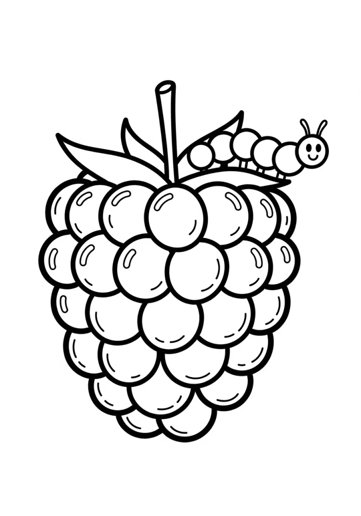 A cute caterpillar smiles from atop a large, simply drawn raspberry in this educational black and white coloring page for young learners.