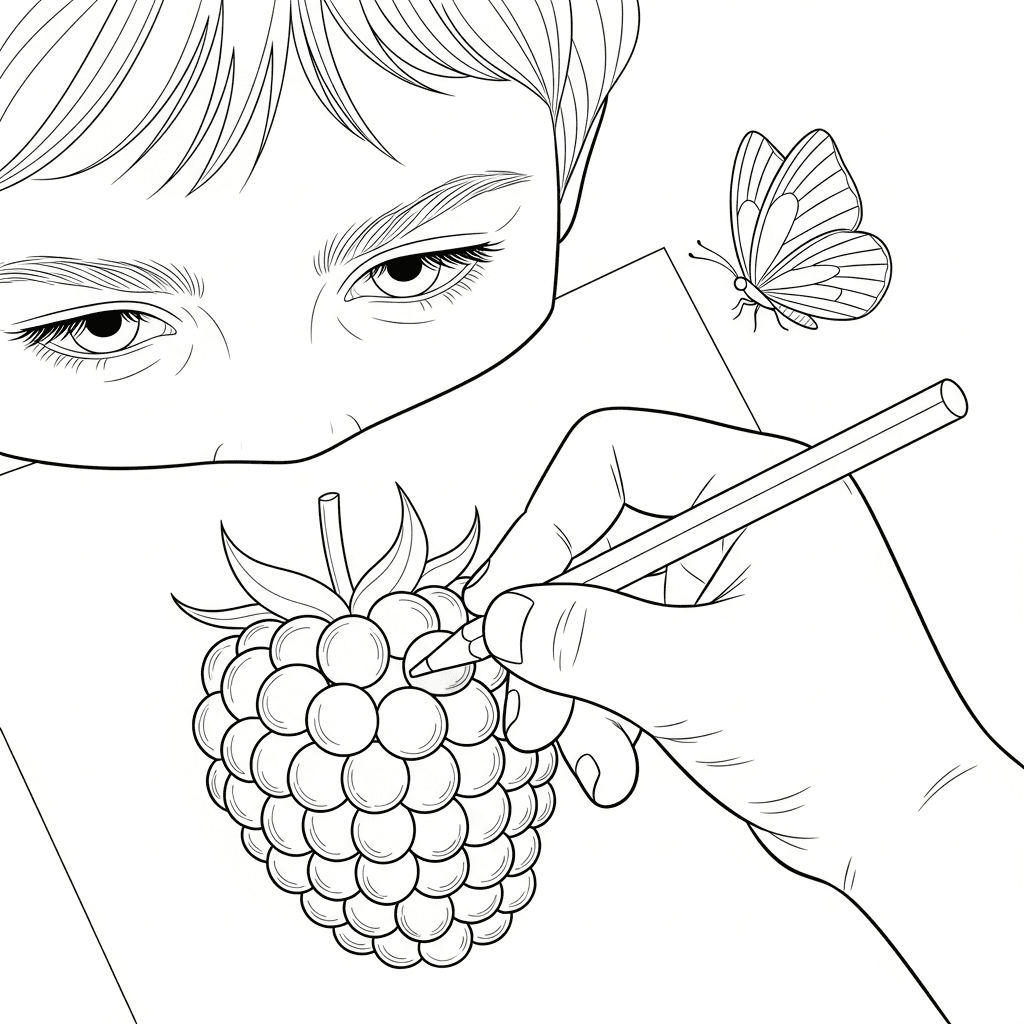 Close-up sketch of child's hand coloring a raspberry with a butterfly nearby