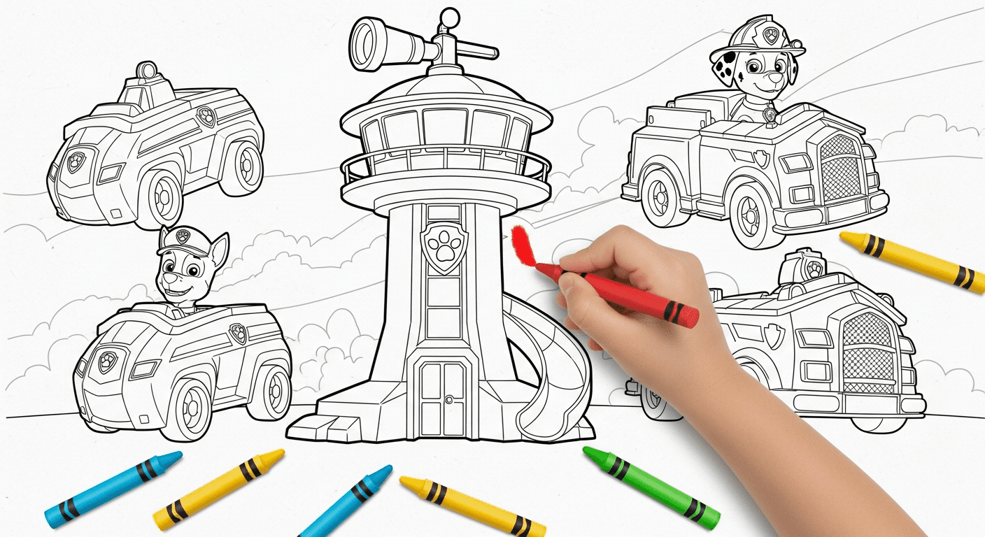 Black and white sketch of Paw Patrol vehicles with kids coloring supplies.