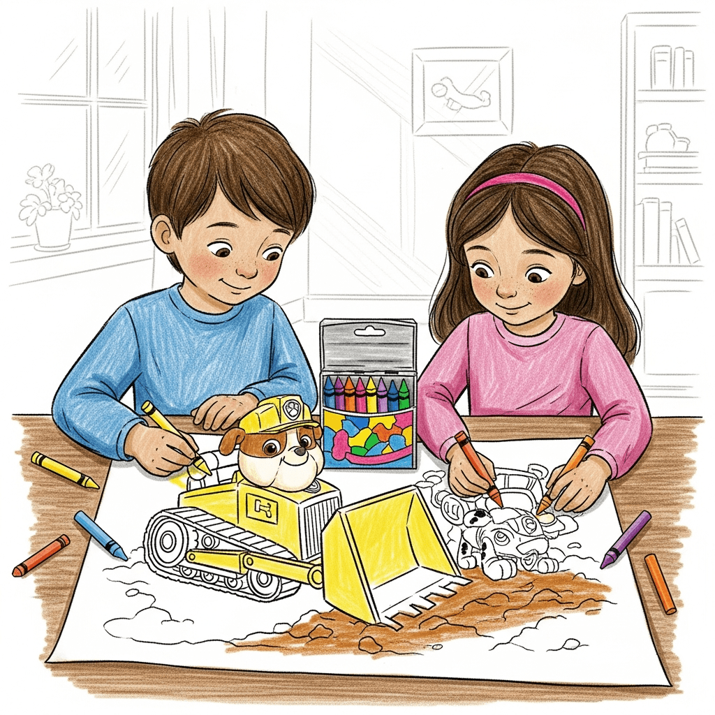 Two children happily coloring a large picture of Rubble's bulldozer.