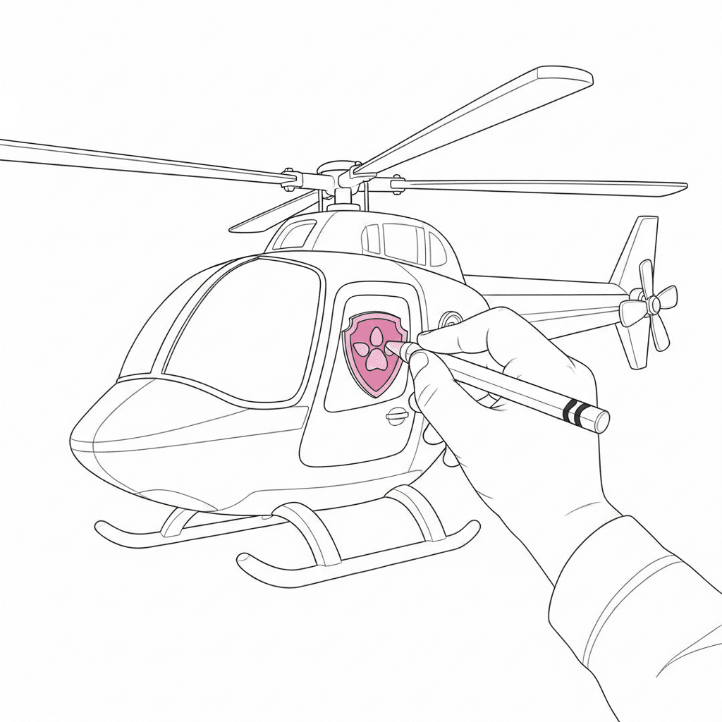 Close-up of a child's hand carefully coloring Skye's helicopter.
