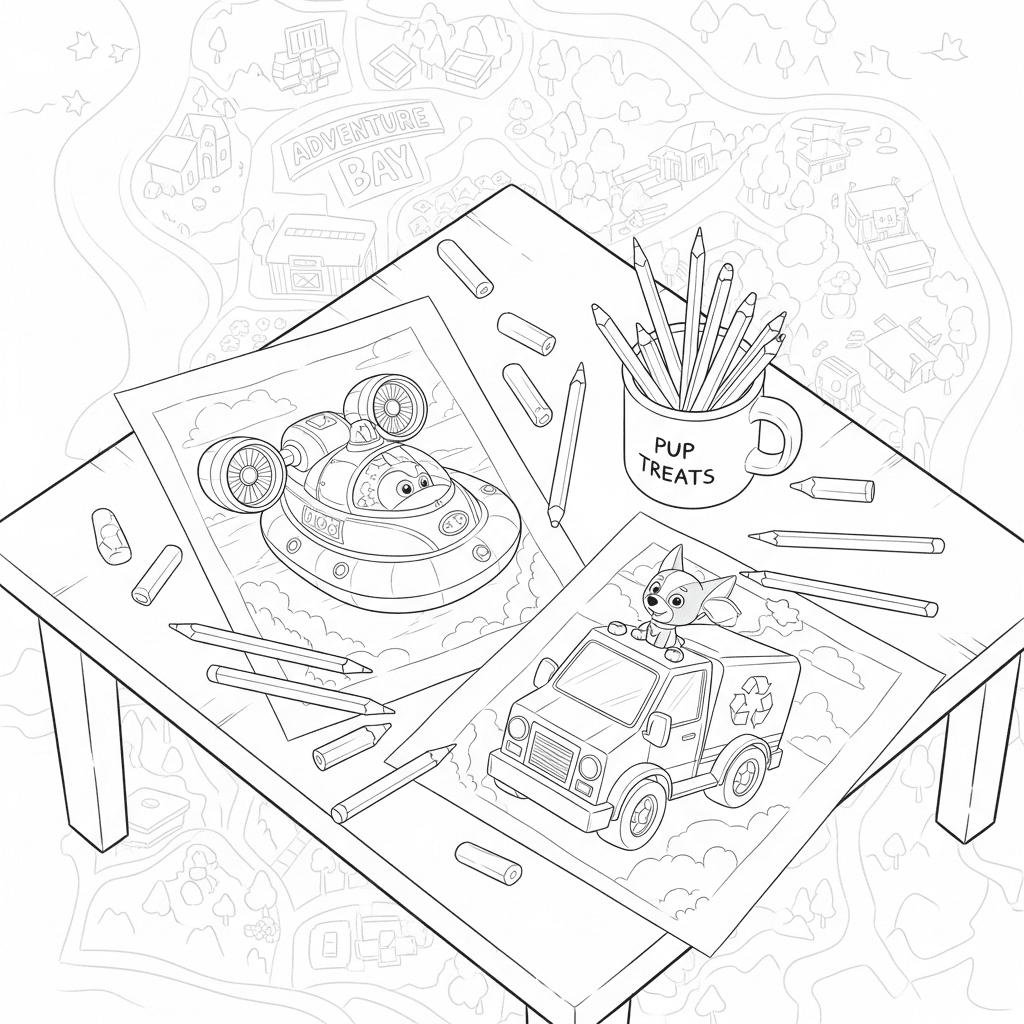 A cozy table scene with Paw Patrol coloring pages and art supplies.