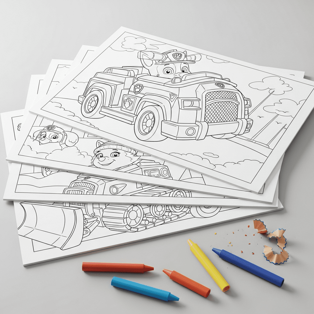 A neat preview of various Paw Patrol vehicle coloring pages.