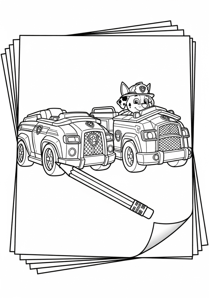 Sketch of a stack of Paw Patrol coloring pages ready for download.