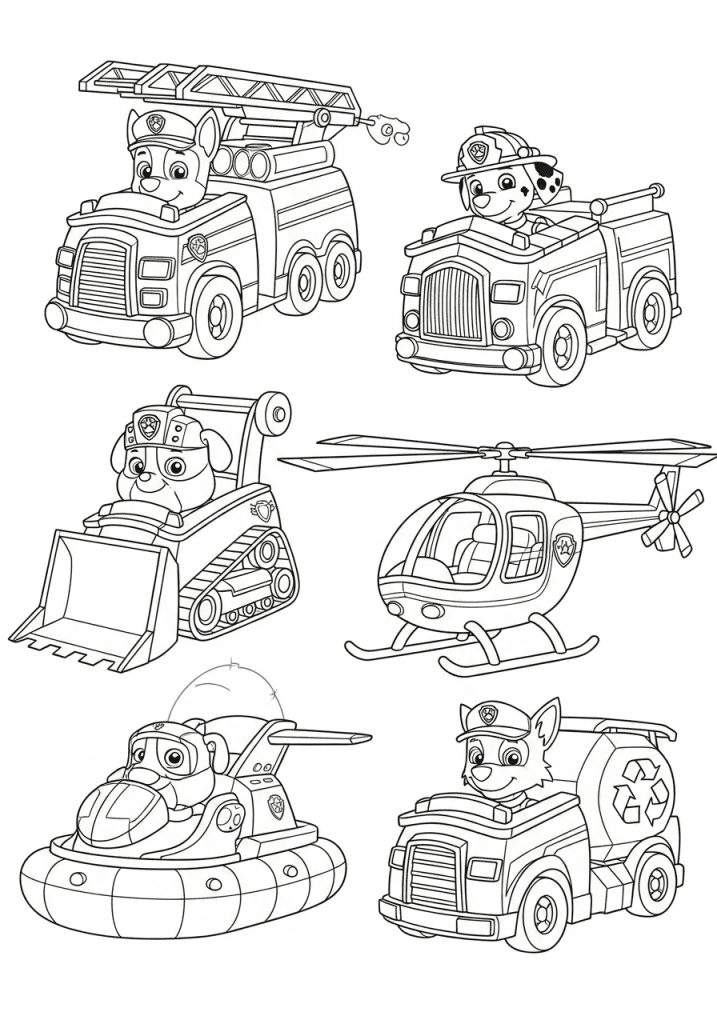 Simple black and white line drawing of Chase's police car and Marshall's fire truck from Paw Patrol.