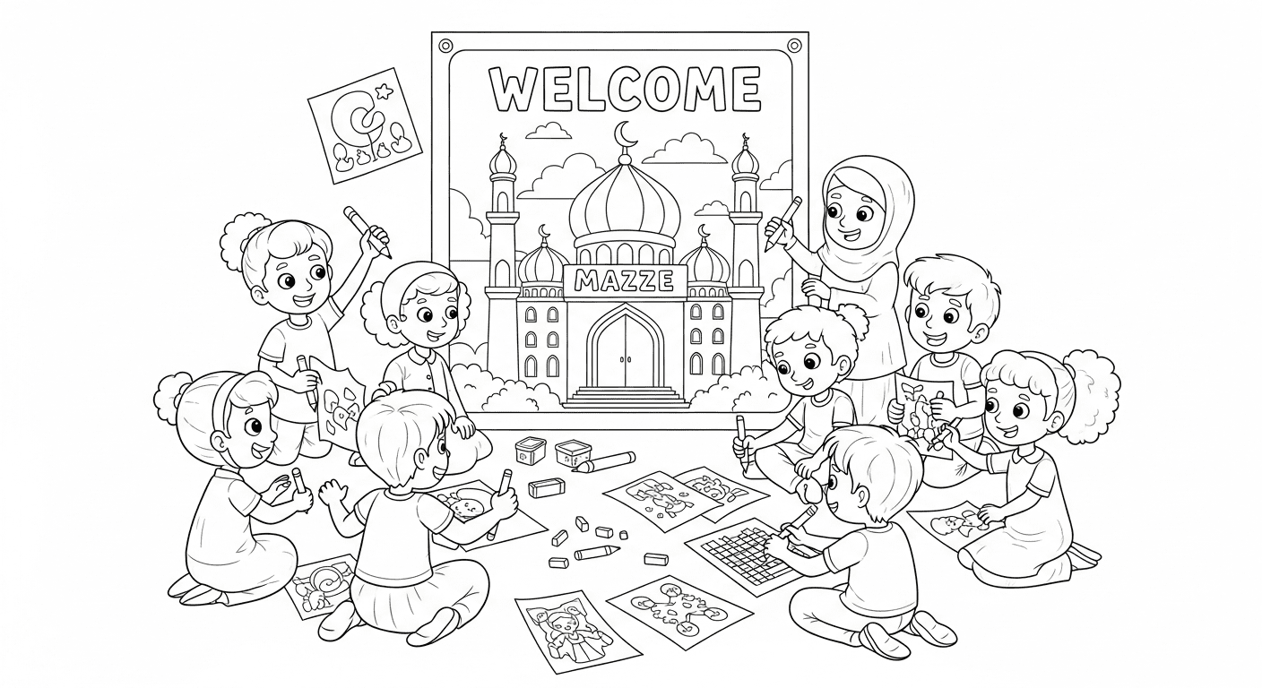 Black and white line drawing of children coloring a large cartoon mosque poster together.