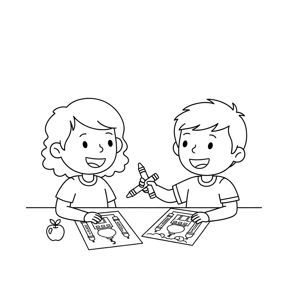 Line art of two children happily coloring cartoon mosque pages at a table.