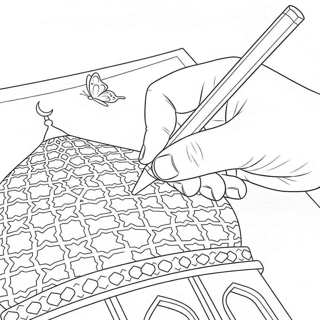 Close-up line drawing of a child's hand coloring a mosque dome carefully.