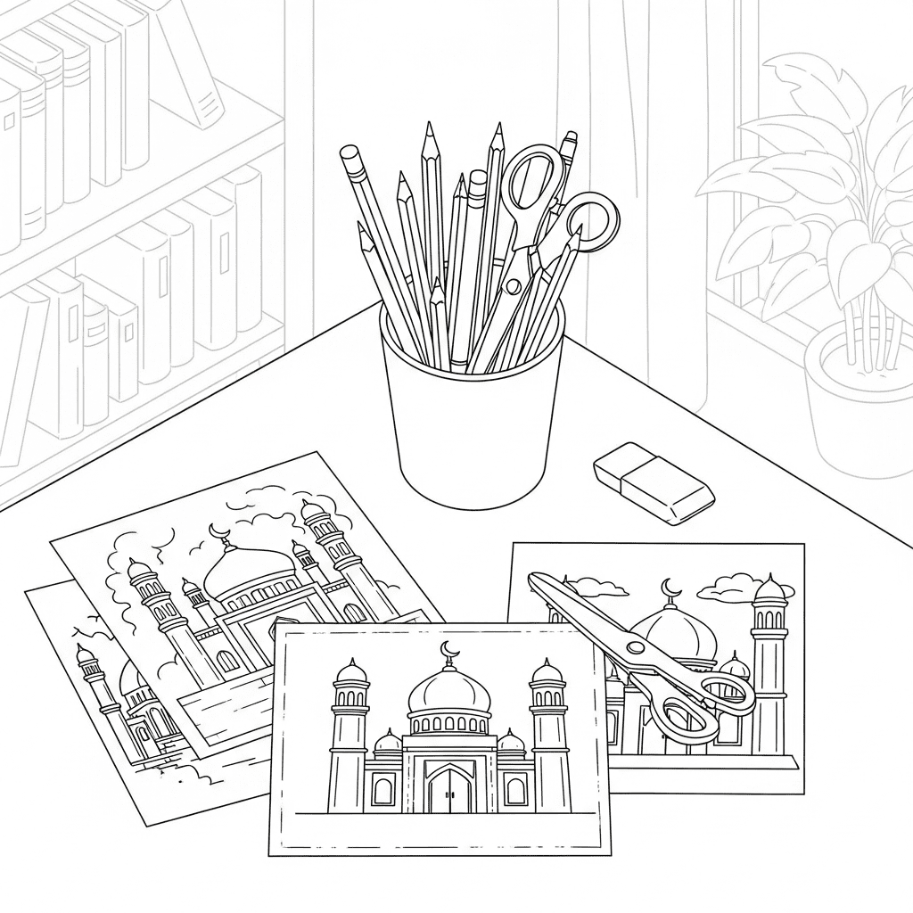 Sketch of a cozy table with coloring pages, crayons, and a plant.