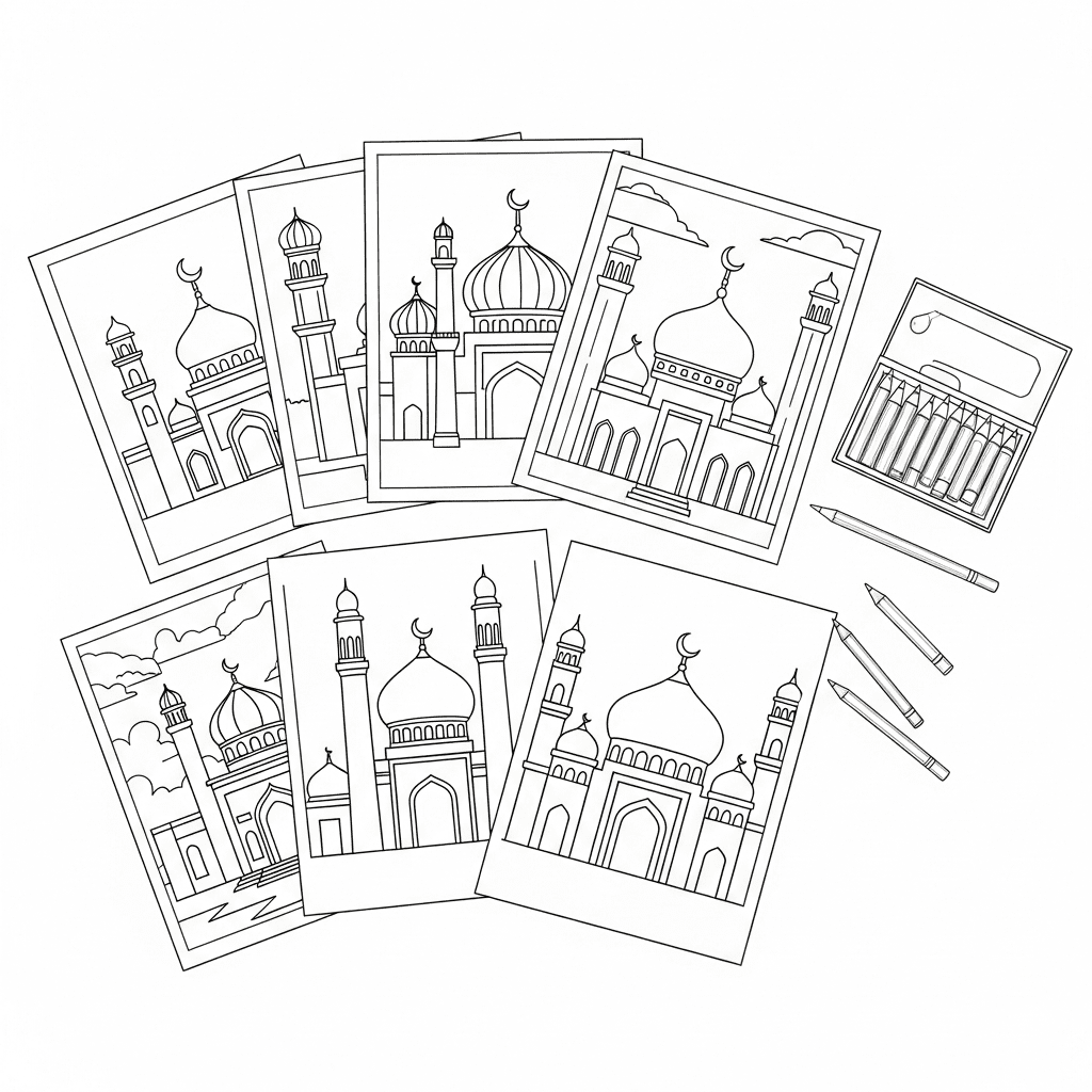 Top-down sketch of multiple mosque coloring pages and crayons.
