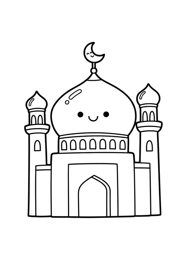 A friendly cartoon mosque coloring page with a smiling crescent moon, perfect for kids to color. Simple black and white line art for Islamic fun and learning.