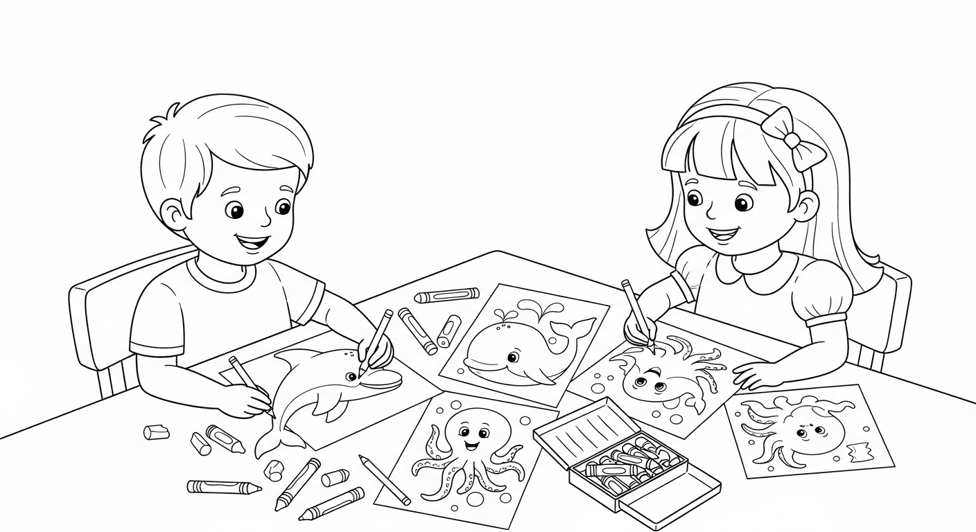 Black and white sketch of kids coloring sea animal printable pages.