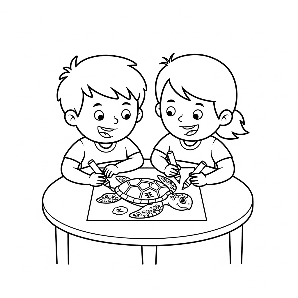 Boy and girl happily coloring a sea turtle drawing together.