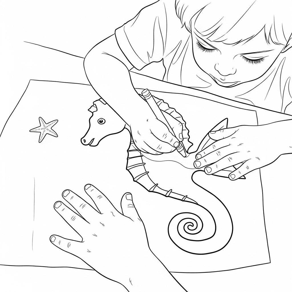 Close-up sketch of a child's hands coloring a seahorse printable.