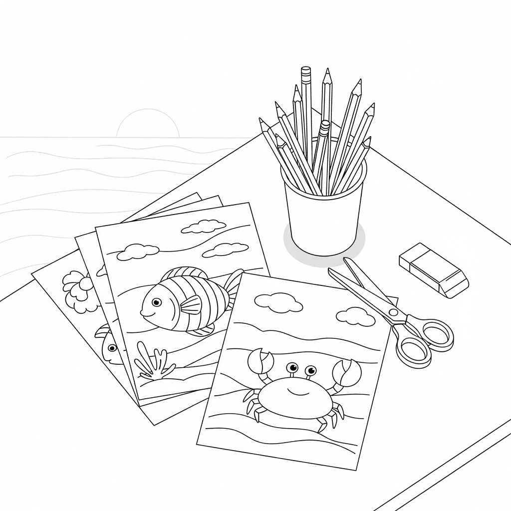 Top-down sketch of a table with sea animal coloring pages and supplies.