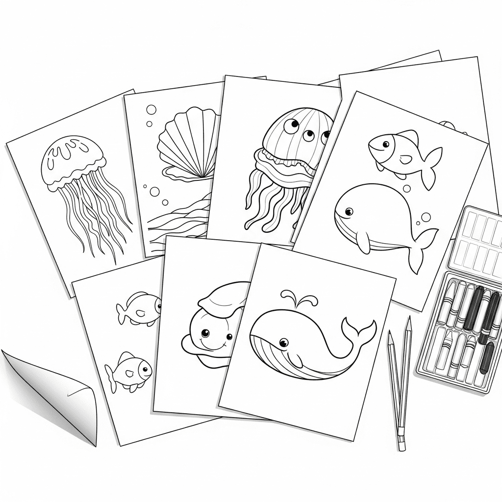 Overhead sketch of multiple sea animal coloring pages and crayons.