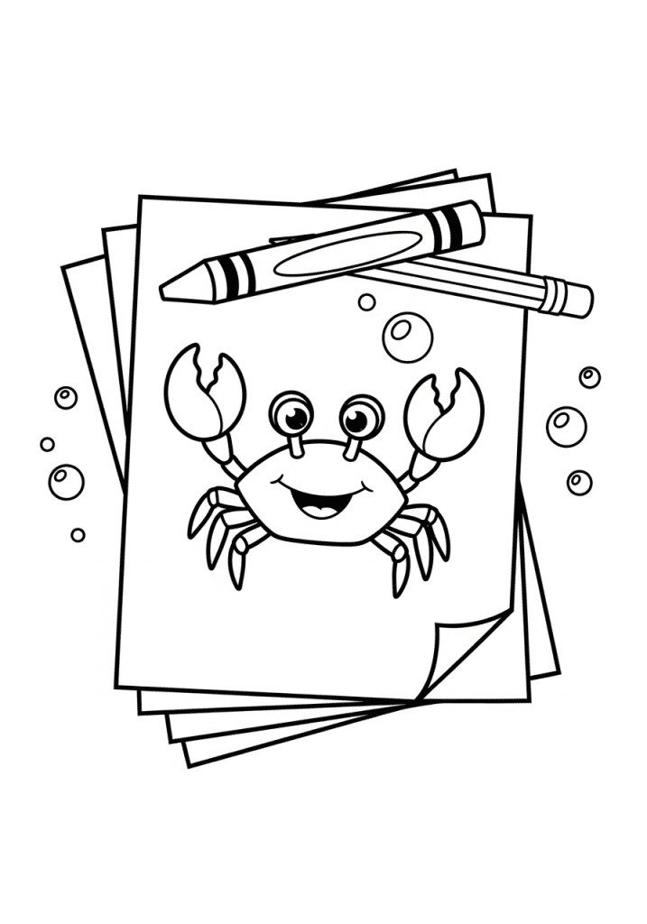 Black and white sketch of a stack of coloring pages with a crayon.