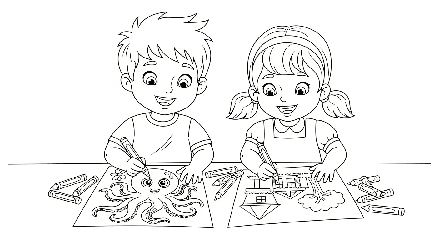 A black and white line drawing of two children happily coloring octopus' pictures at a table.
