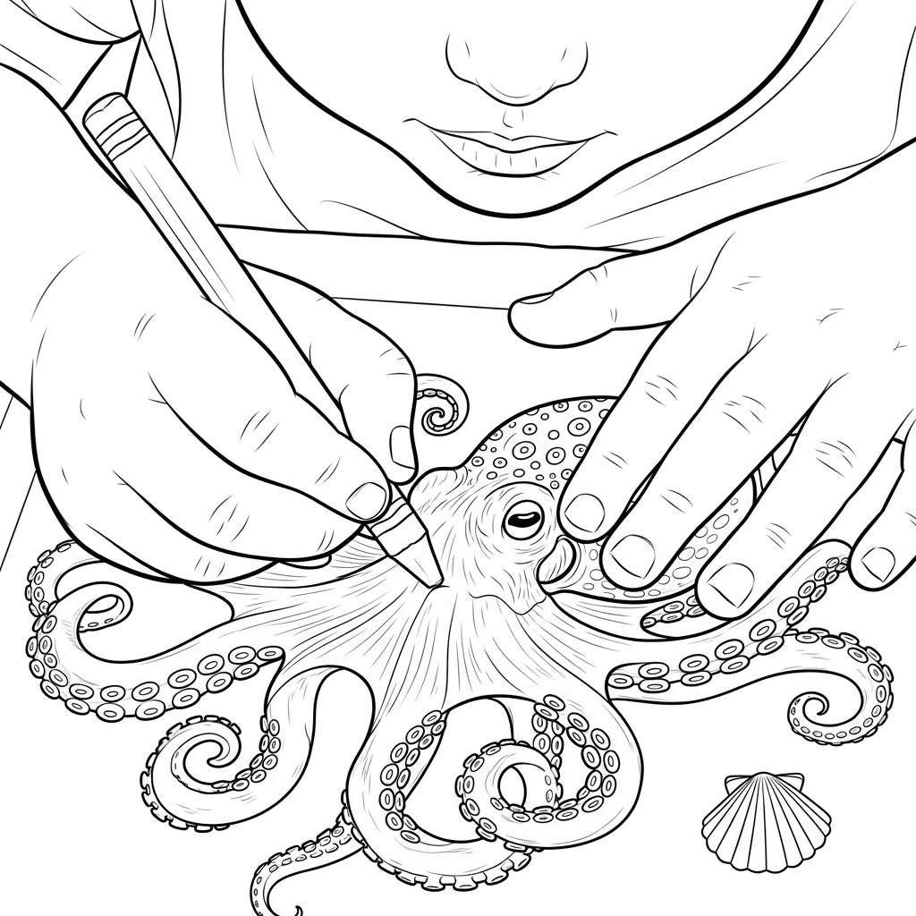 Close-up line art of a child's hands carefully coloring an octopus with a crayon.