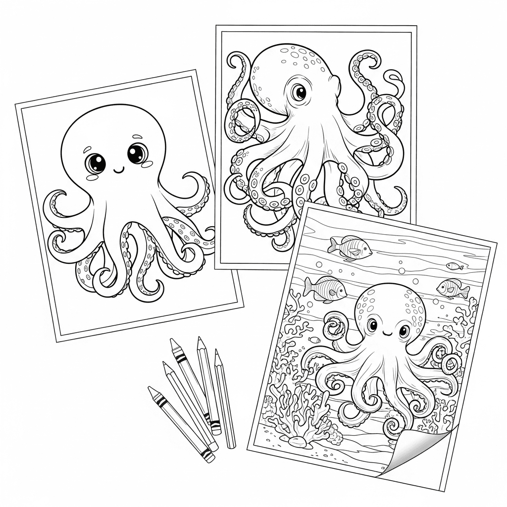 A top-down sketch of multiple octopus coloring pages and crayons laid out on a table.