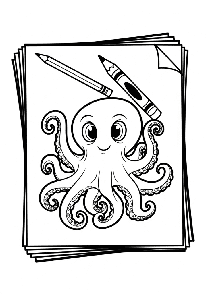 Black-and-white line art of a stack of octopus coloring pages with a pencil and crayon.