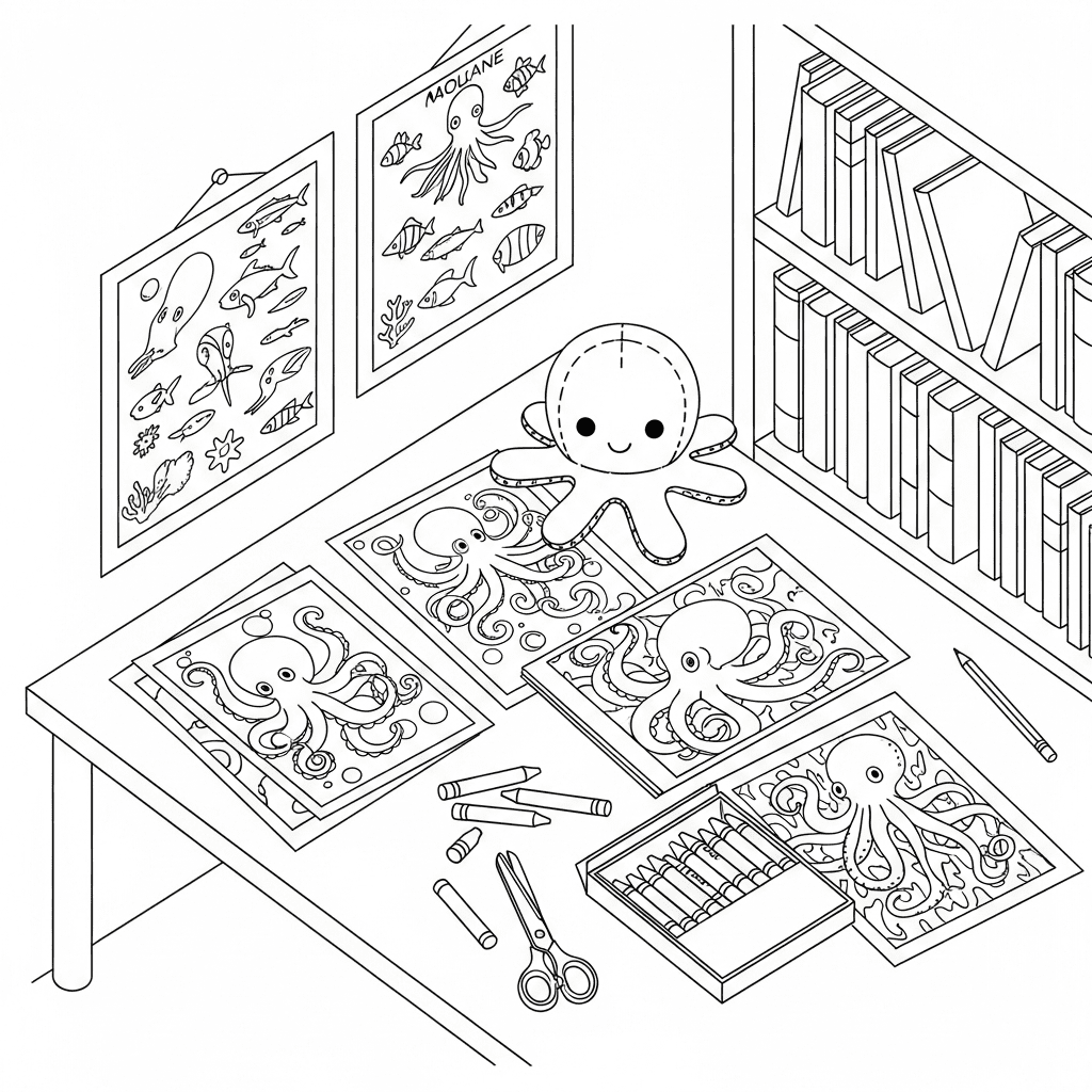 A minimalist top-view sketch of a cozy table with coloring pages, crayons, and an octopus plush.