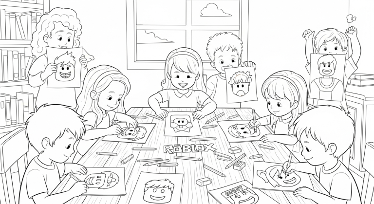 Black and white sketch of a boy and girl coloring Roblox character pages at a table with crayons.