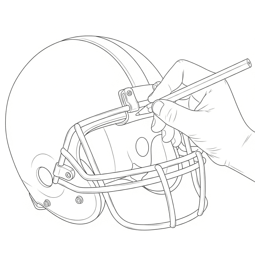 Close-up contour drawing of a child's hand carefully coloring a football helmet.