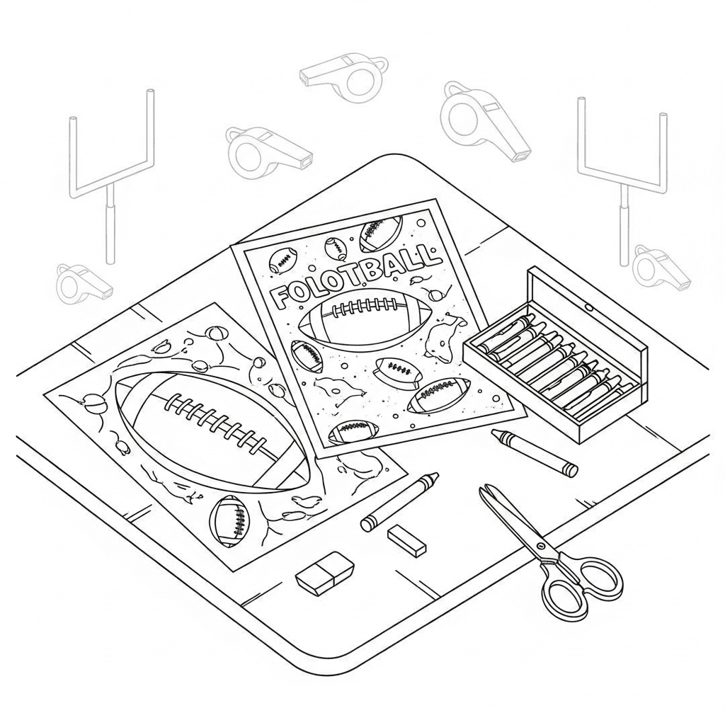 Minimalist isometric sketch of a table with football coloring pages, crayons, and scissors.