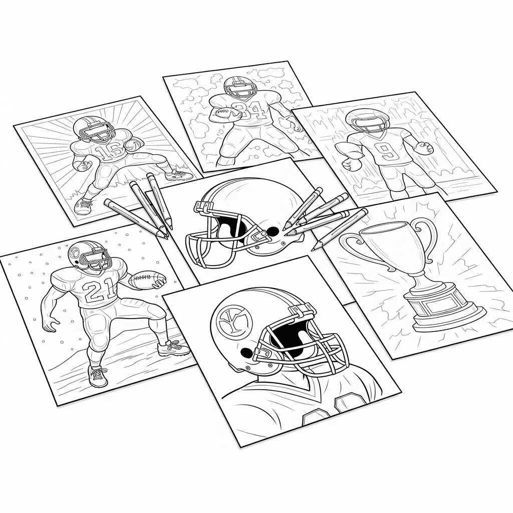 Top-down angled drawing of multiple football coloring pages spread out with crayons.