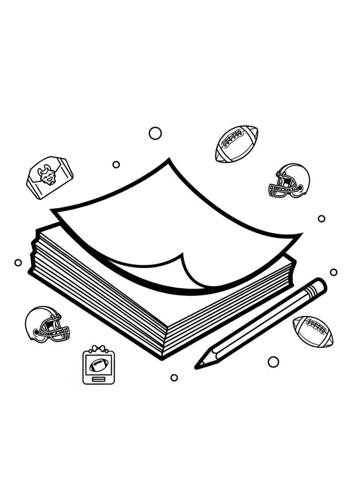 Bold line-art of a stacked pack of coloring pages with a curled corner and a pencil.