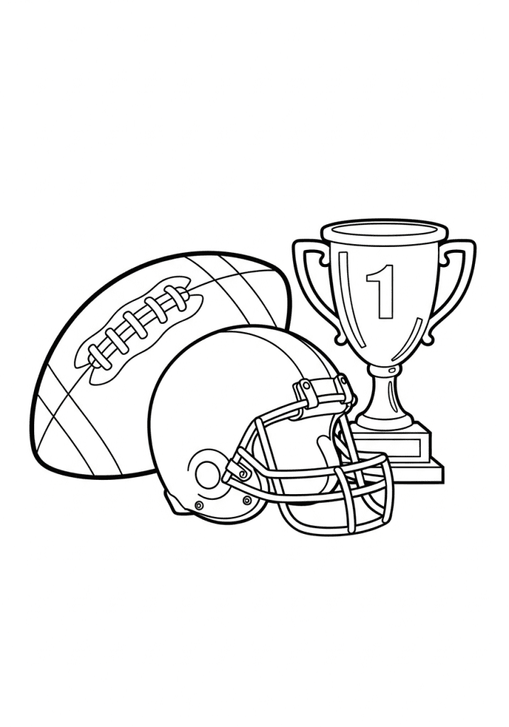 Black and white line drawing of a football, helmet, and trophy for children to color.